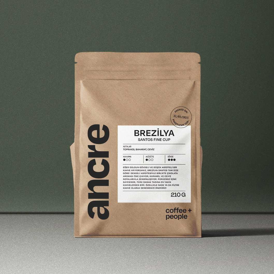 Brezilya Santos Fine Çekirdek Kahve – 210g | Orta Kavrum, Düşük Asidite, Ceviz & Kakao Notalı